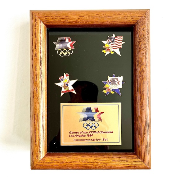 1984 Summer Olympics Los Angeles Commemorative Pin Set Wood Frame - Picture 2 of 8